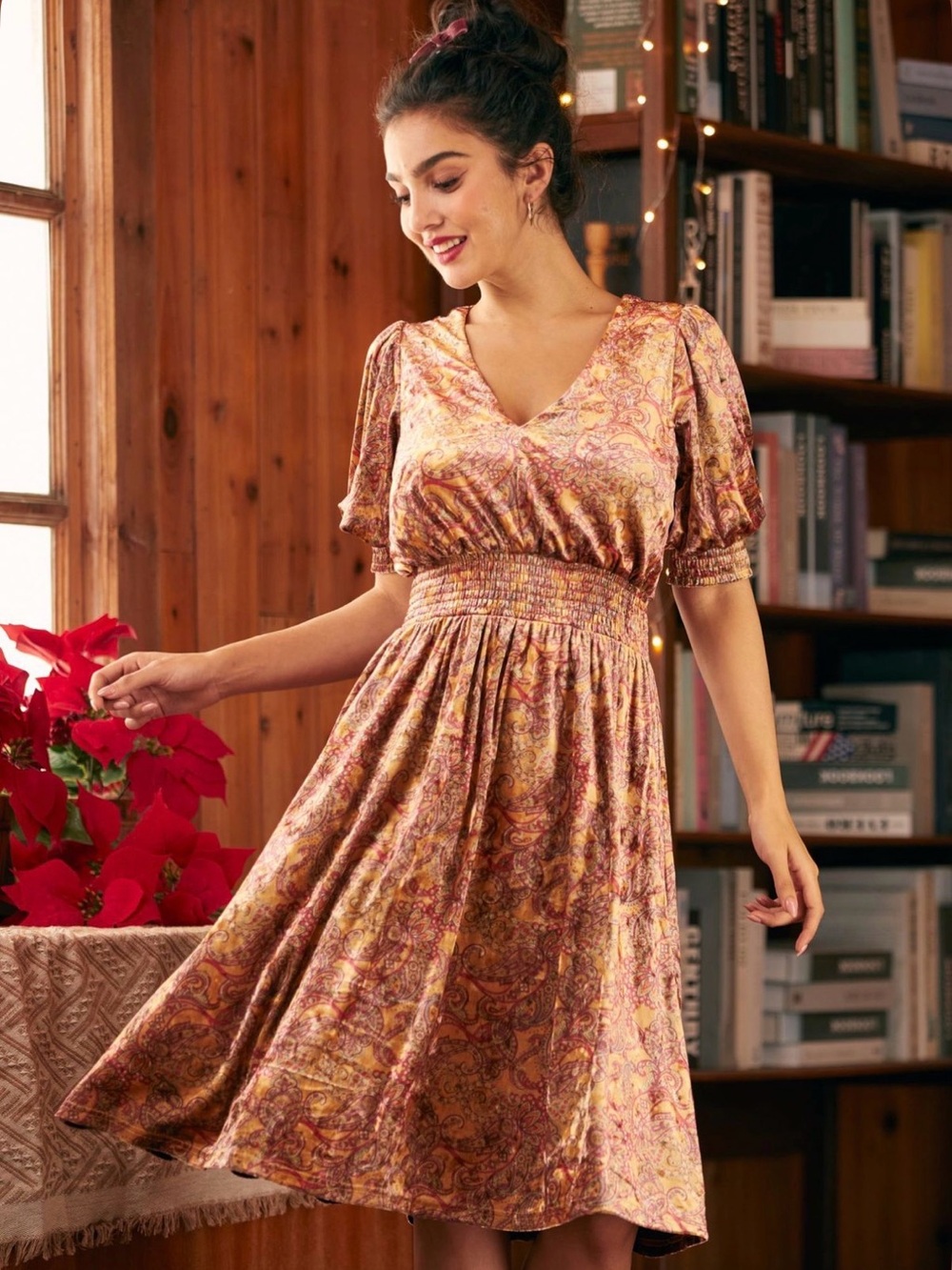 Modcloth Rust and Gold Paisley V-Neck Smocked Midi Dress